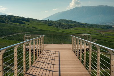 Eine moderne Aussichtsplattform aus Holz und Metall bietet einen atemberaubenden Blick auf grüne Weinberge und sanfte Hügel.