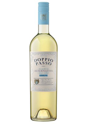 Der alkoholfreie Weißwein Doppio Passo in einer schlanken Flasche, die mit einem stilvollen, hellblauen Deckel verschlossen ist.