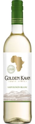 Eine Flasche Golden Kaan Sauvignon Blanc aus Südafrika, mit einem eleganten Design und einer grünen Kappe.
