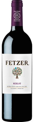Die Flasche zeigt den Fetzer Merlot, Jahrgang 2019, mit einem klaren, modernen Design und umweltfreundlicher Botschaft.