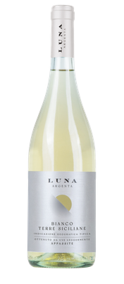 Die Flasche LUNA ARGENTA zeigt ein modernes Design mit einem silbernen Etikett und einem klaren, hellen Wein im Inneren.