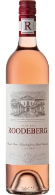 Eine Flasche Roodeberg Roséwein mit einem eleganten Etikett und einer stilvollen Kapsel, die den Wein präsentiert.