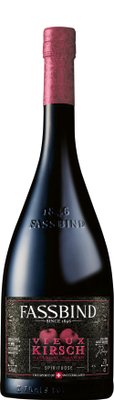 Die Flasche zeigt die Aufschrift 'Fassbind' und 'Vieux Kirsch', umgeben von einem dekorativen, floralen Design in Schwarz und Pink.
