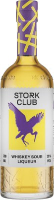Eine Flasche Whiskey Sour Liqueur mit einem auffälligen lila und gelben Etikett, das einen stilisierten Storch zeigt.