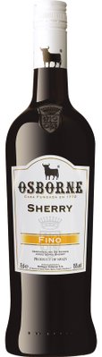 Eine elegante Flasche Osborne Sherry Fino mit einem weißen Korken und einem markanten Stier-Logo auf dem Etikett.