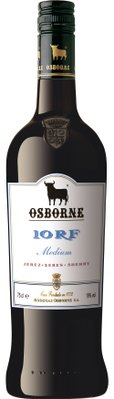 Eine elegante Flasche Sherry mit dem Osborne-Logo und der Aufschrift 'Medium Jerez' auf dem Etikett.