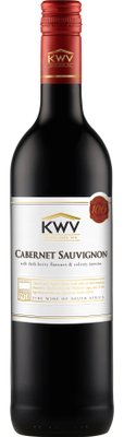 Eine Flasche KWV Cabernet Sauvignon mit einem eleganten Etikett, das dunkle Beerenaromen und samtige Tannine beschreibt.