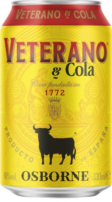 Eine gelbe Getränkedose mit dem Aufdruck 'Veterano & Cola', die ein traditionelles spanisches Design zeigt.