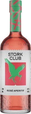 Eine Flasche Rosé-Aperitif mit einem auffälligen, bunten Etikett und einem stilisierten Storch-Logo in leuchtendem Grün.