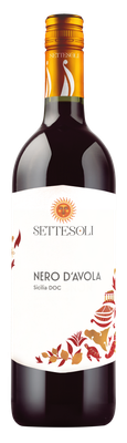 Eine Flasche Nero d'Avola Wein mit einem eleganten Etikett und einem goldenen Schraubverschluss, dekoriert mit floralen Motiven.