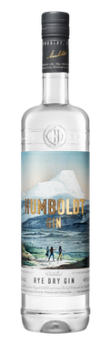 Elegante Gin-Flasche mit dem Namen Humboldt und einer detaillierten Bergillustration.