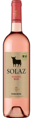 Die Flasche 'SOLAZ BIO' präsentiert sich in einem zarten Rosé, umgeben von einem ansprechenden, strukturierten Etikett mit Bio-Zertifizierung.