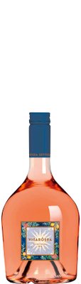Die Flasche zeigt einen ansprechenden Roséwein, der in einer eleganten Form mit einem detaillierten, farbenfrohen Etikett präsentiert wird.