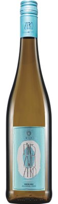 Eine Flasche alkoholfreier Riesling mit einem hellblauen Etikett, das den Schriftzug 'Eins Zwei Zero' trägt.