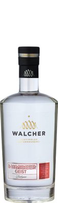 Eine elegante Flasche Himbeergeist mit einem klaren, minimalistischen Design und goldenen Akzenten auf dem Etikett.