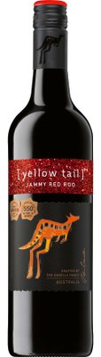 Eine Flasche Rotwein mit einem auffälligen roten Glitzeretikett und einem stilisierten Känguru-Design auf schwarzem Hintergrund.