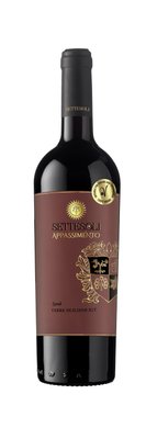 Ein hochwertiger Rotwein in einer schlanken Flasche, die mit einem tiefen Rotton und goldenen Schriftzügen verziert ist.