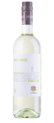 Eine Flasche Pinot Grigio mit einem eleganten, minimalistischen Etikett und einem maritimen Leuchtturm-Design.