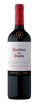 Eine elegante Flasche Casillero del Diablo Cabernet Sauvignon mit einem markanten roten Korken und einem stilvollen Etikett.