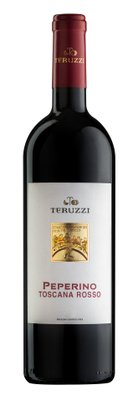 Eine elegante Flasche Teruzzi Peperino Toscana Rosso mit einem goldenen Etikett und einer kunstvollen Abbildung auf dem Label.
