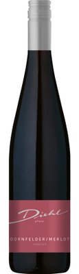 Eine elegante Flasche Rotwein mit einem modernen Etikett, das die Sorten Dornfelder und Merlot in einer lieblichen Mischung anzeigt.