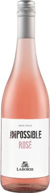 Ein ansprechendes Bild einer Flasche rosé Wein, die mit dem Schriftzug 'Impossible Rosé' und dem Logo von Laborie versehen ist.