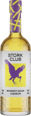 Eine Flasche Whiskey Sour Liqueur mit einem auffälligen lila und gelben Etikett, das einen stilisierten Storch zeigt.