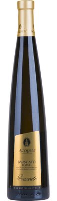 Eine elegante Flasche Moscato d'Asti mit goldener Kapsel und stilvollem Etikett, das italienische Herkunft anzeigt.