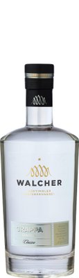 Die Flasche Walcher Grappa zeigt ein modernes Design mit einem schwarzen Deckel und einer stilvollen Etikette in Silber und Gold.