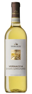 Eine Flasche Teruzzi Vernaccia di San Gimignano mit einem eleganten Etikett und goldenen Akzenten, die den Wein präsentiert.