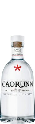 Eine elegante Flasche mit klarem Gin, die das Etikett 'Caorunn' und die Aufschrift 'Balmenach Distillery' zeigt.