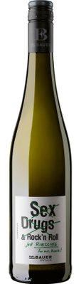Die Flasche zeigt ein kreatives Design mit dem Schriftzug 'Sex, Drugs & Rock'n Roll', durchgestrichen und ersetzt durch 'just Riesling'.