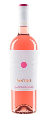 Eine Flasche Fantini Cerasuolo d'Abruzzo, die in einem eleganten Design mit einem rosafarbenen Korken präsentiert wird.