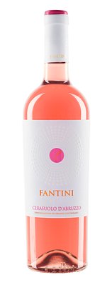 Eine Flasche Fantini Cerasuolo d'Abruzzo, die in einem eleganten Design mit einem rosafarbenen Korken präsentiert wird.