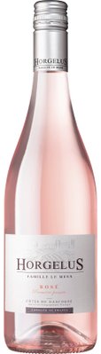 Der Horgelus Roséwein in einer transparenten Flasche, die den zarten rosa Farbton des Weins zur Geltung bringt.