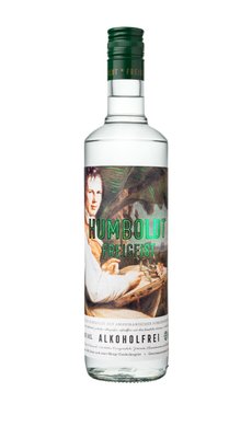 Eine Flasche mit dem Aufdruck 'Humboldt Freigeist', die ein Porträt von Alexander von Humboldt zeigt, umgeben von botanischen Motiven.