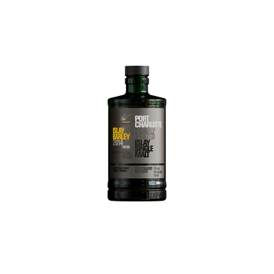 Eine grüne Glasflasche mit dem Etikett 'Port Charlotte Islay Barley 2014', die einen hochwertigen Whisky präsentiert.