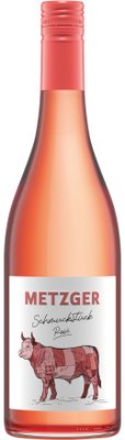 Eine Flasche Roséwein mit einem auffälligen Etikett, das eine stilisierte Kuh in verschiedenen Mustern zeigt.