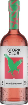 Eine Flasche Rosé-Aperitif mit einem auffälligen, bunten Etikett und einem stilisierten Storch-Logo in leuchtendem Grün.