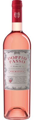Eine elegante Flasche Roséwein mit einem kunstvollen Etikett, das den Namen 'Doppio Passo' in roter Schrift zeigt.