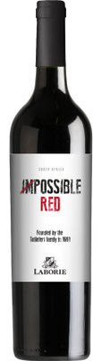 Eine elegante Flasche Rotwein mit dem Etikett 'Impossible Red' und dem Logo von Laborie, aus Südafrika.