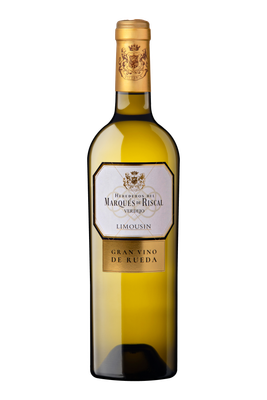 Eine elegante Flasche Weißwein mit goldener Kapsel und einem Etikett, das den Namen 'Gran Vino de Rueda' trägt.