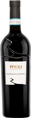 Schwarz-edle Flasche Pipoli_aglianico mit weißem Etikett und goldener Schriftzug sowie schwarzem Verschluss