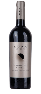 Eine elegante Flasche Rotwein mit dem Etikett 'LUNA ARGENTA', das den Namen 'PRIMITIVO PUGLIA' trägt.