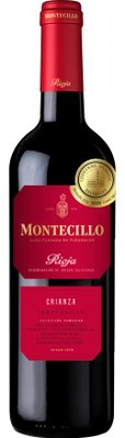Eine elegante Flasche Montecillo Crianza mit rotem Etikett und goldener Medaille, die für ihre Qualität ausgezeichnet wurde.