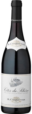Eine elegante Flasche Rotwein mit einem schwarzen Korken und einem detaillierten Etikett, das die Herkunft Côtes du Rhône angibt.