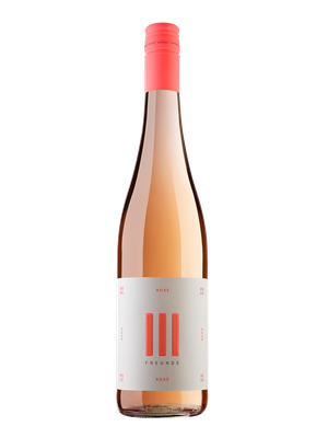 Eine Flasche Roséwein mit einem auffälligen rosa Deckel und einem minimalistischen Etikett, das den Namen '3 Freunde' trägt.