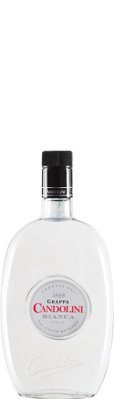 Die Flasche Grappa Candolini zeigt ein schlichtes, modernes Design, das die Reinheit und Qualität des Inhalts unterstreicht.
