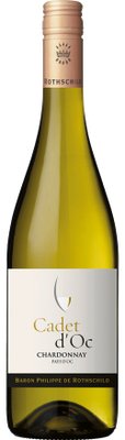 Eine Flasche Cadet d'Oc Chardonnay mit einem eleganten Etikett und einem goldenen Korken, die Frische und Qualität verspricht.