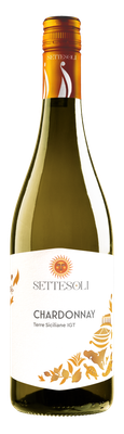Eine Flasche Settesoli Chardonnay mit einem goldenen Korken und einem kunstvollen Etikett, das sicilianische Motive zeigt.